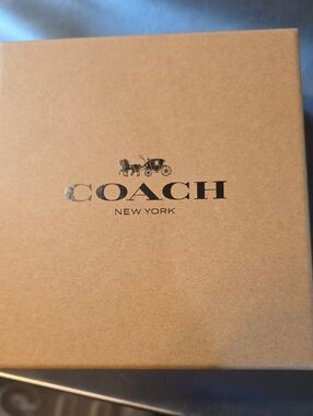 Coach Box with Black Logo on Brown Leash